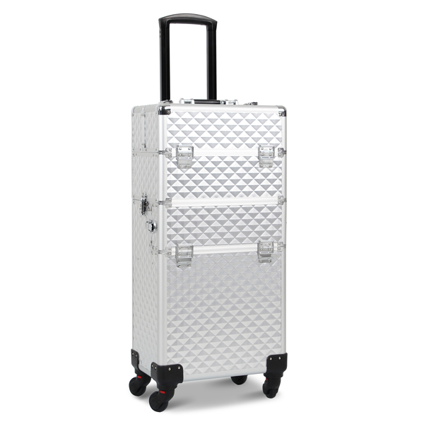 3 in 1 Aluminum Makeup Cosmetic Train Case Professional Makeup Case Rolling Train Case on Wheels Diamond Surface Silver