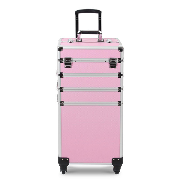 4 in 1 Rolling Makeup Case Makeup Trolley Case With Wheels Makeup Travel Case Organizer (PINK)