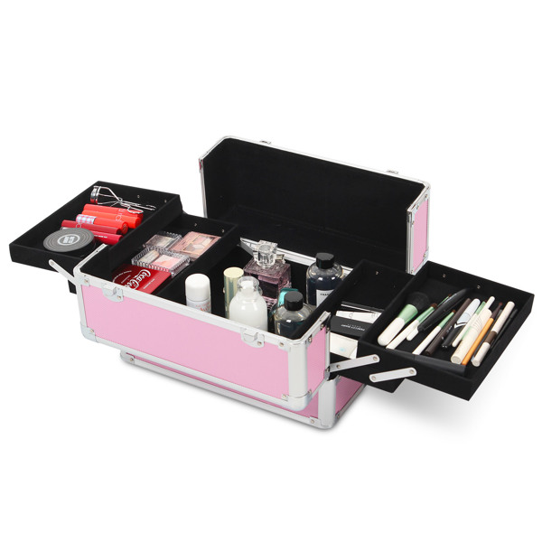 4 in 1 Rolling Makeup Case Makeup Trolley Case With Wheels Makeup Travel Case Organizer (PINK)