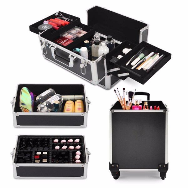 4 in 1 Rolling Makeup Case Makeup Trolley Case With Wheels Makeup Travel Case Organizer (BLACK)