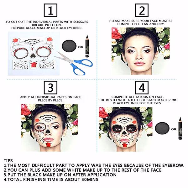 【Bans sale on Walmart】 12Pcs Halloween Face Tattoo Stickers Day Of The Dead Makeup Kit Sugar Skull Temporary Face Tattoo for Halloween Masquerade Party, Fashion Floral Skeleton Pattern