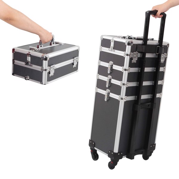 4 in 1 Rolling Makeup Case Makeup Trolley Case With Wheels Makeup Travel Case Organizer (BLACK)