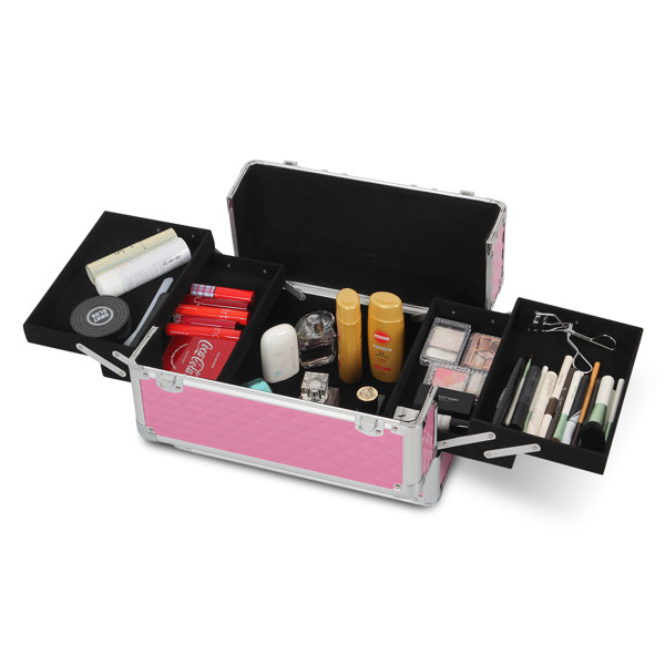 4 in 1 Makeup Cosmetic Train Case Professional Makeup Case Rolling Train Case on Wheels Diamond Surface (PINK)