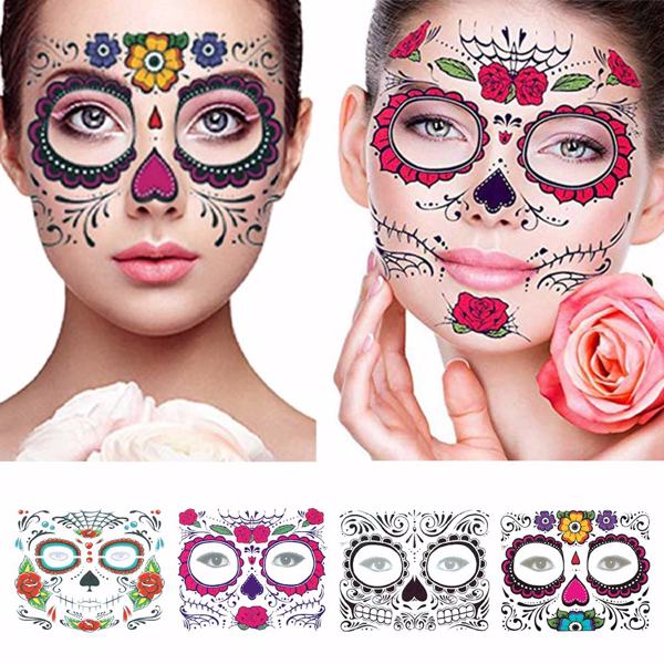 【Bans sale on Walmart】 12Pcs Halloween Face Tattoo Stickers Day Of The Dead Makeup Kit Sugar Skull Temporary Face Tattoo for Halloween Masquerade Party, Fashion Floral Skeleton Pattern