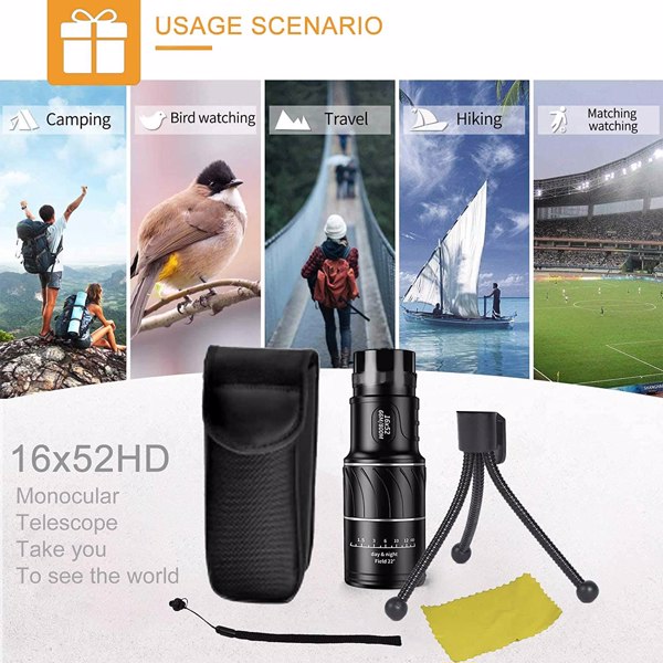 【Bans sale on Walmart】 16X52 Monocular Telescope, High Power Prism Compact Monoculars for Adults Kids HD Monocular Scope for Bird Watching Gifts Hiking Concert Travelling Sports Game with Phone Adapte