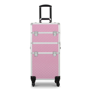 3 in 1 Aluminum Makeup Cosmetic Train Case Professional Makeup Case Rolling Train Case on Wheels Diamond Surface Pink