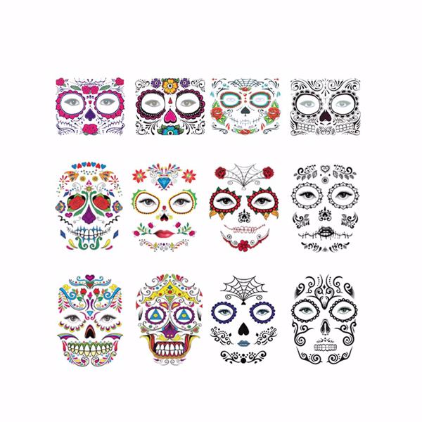 【Bans sale on Walmart】 12Pcs Halloween Face Tattoo Stickers Day Of The Dead Makeup Kit Sugar Skull Temporary Face Tattoo for Halloween Masquerade Party, Fashion Floral Skeleton Pattern