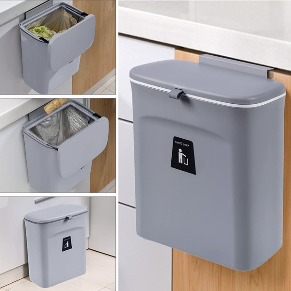 【Bans sale on Walmart】 2.4 Gallon Kitchen Compost Bin with Lid, Under Sink Trash Can Recycling Bins for Kitchen, Hanging Small Trash Can for Kitchen, Mountable Indoor Compost Bucket, Grey