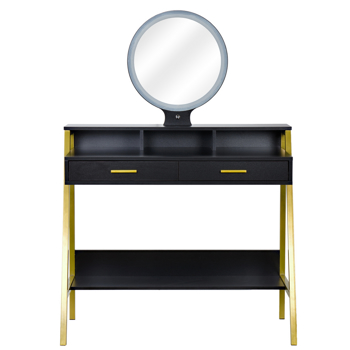 FCH LED Three-Color Touch Round Mirror 2 Drawers With Shelf Frame With Steel Frame Dressing Table Black
