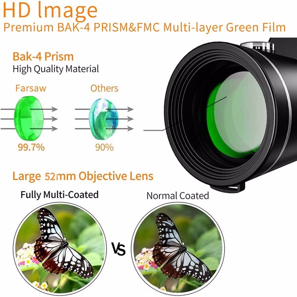 【Bans sale on Walmart】 16X52 Monocular Telescope, High Power Prism Compact Monoculars for Adults Kids HD Monocular Scope for Bird Watching Gifts Hiking Concert Travelling Sports Game with Phone Adapte