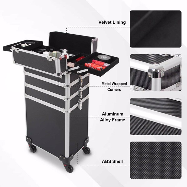 4 in 1 Rolling Makeup Case Makeup Trolley Case With Wheels Makeup Travel Case Organizer (BLACK)