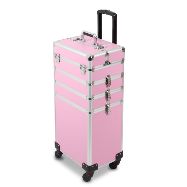 4 in 1 Rolling Makeup Case Makeup Trolley Case With Wheels Makeup Travel Case Organizer (PINK)