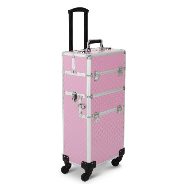 3 in 1 Aluminum Makeup Cosmetic Train Case Professional Makeup Case Rolling Train Case on Wheels Diamond Surface Pink