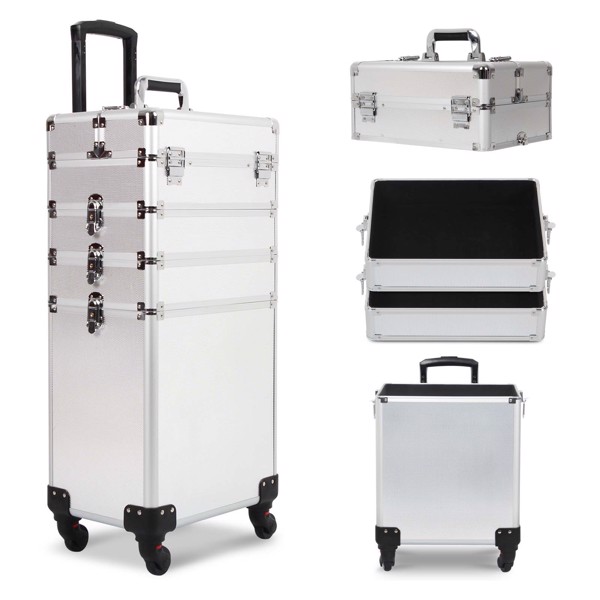 4 in 1 Rolling Makeup Case Makeup Trolley Case With Wheels Makeup Travel Case Organizer (SILVER)