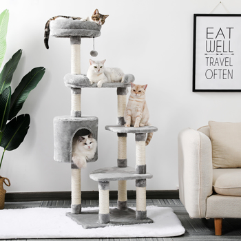 Cat Tree Multi Level Space Efficient Cat Play Tower Half Plush Half Sisal Cat Scratching Post With Condo Bed Perch Grey Height 120cm
