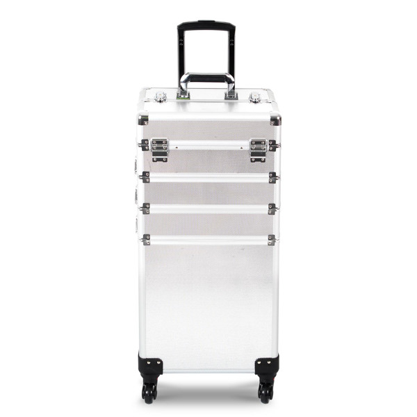 4 in 1 Rolling Makeup Case Makeup Trolley Case With Wheels Makeup Travel Case Organizer (SILVER)