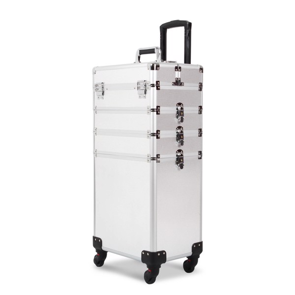 4 in 1 Rolling Makeup Case Makeup Trolley Case With Wheels Makeup Travel Case Organizer (SILVER)