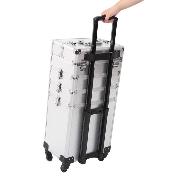 4 in 1 Rolling Makeup Case Makeup Trolley Case With Wheels Makeup Travel Case Organizer (SILVER)