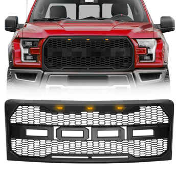 For 09-14 Ford F150 Raptor Style Front Bumper Mesh Grille Matte Black w/LED Lights & Letters