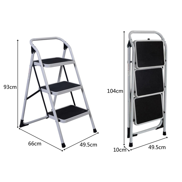 Home Use 3-Step Short Handrail Iron Ladder Black & White