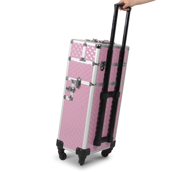 3 in 1 Aluminum Makeup Cosmetic Train Case Professional Makeup Case Rolling Train Case on Wheels Diamond Surface Pink