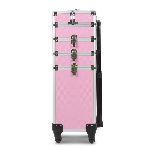 4 in 1 Rolling Makeup Case Makeup Trolley Case With Wheels Makeup Travel Case Organizer (PINK)