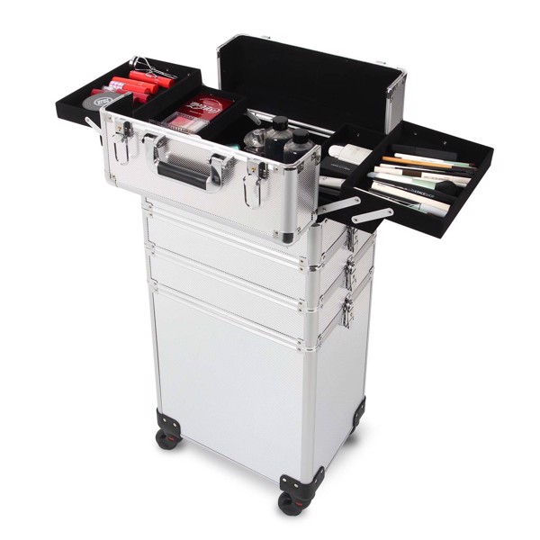 4 in 1 Rolling Makeup Case Makeup Trolley Case With Wheels Makeup Travel Case Organizer (SILVER)