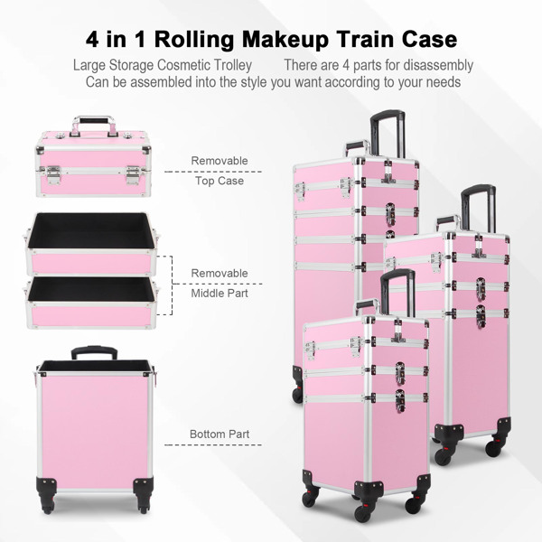 4 in 1 Rolling Makeup Case Makeup Trolley Case With Wheels Makeup Travel Case Organizer (PINK)