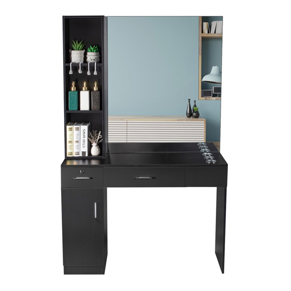 15 Cm E0 Particleboard Pitted Surface 1 Door 2 Drawers 3 Layers Rack With Legs Hairdressing Cabinet With Lock And Mirror Salon Cabinet Black 
