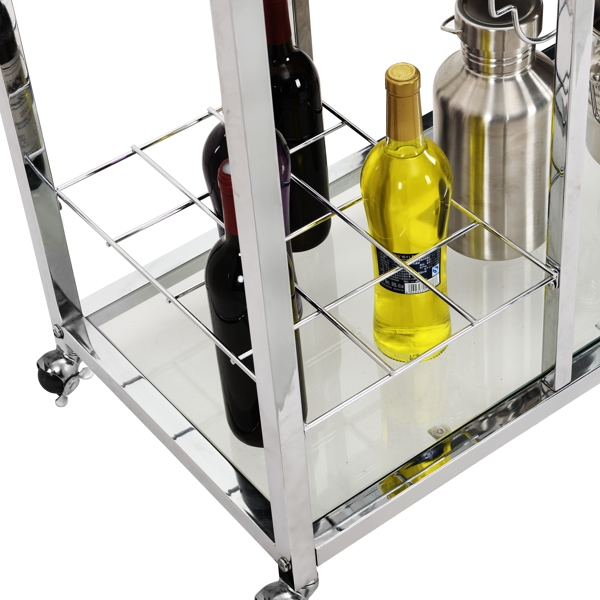 Contemporary Chrome Bar Serving Cart Silver Modern Glass Metal Frame Wine Storage