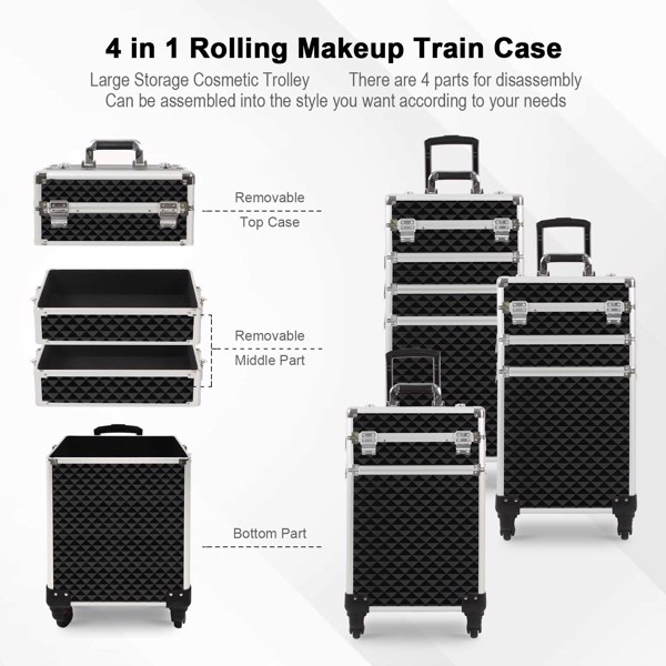4 in 1 Makeup Cosmetic Train Case Professional Makeup Case Rolling Train Case on Wheels Diamond Surface (BLACK)