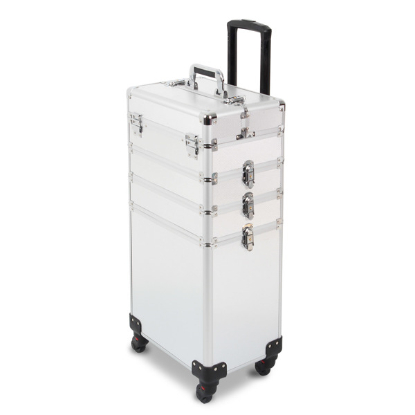 4 in 1 Rolling Makeup Case Makeup Trolley Case With Wheels Makeup Travel Case Organizer (SILVER)