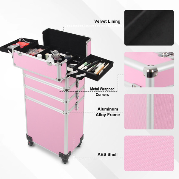 4 in 1 Rolling Makeup Case Makeup Trolley Case With Wheels Makeup Travel Case Organizer (PINK)