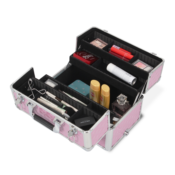 3 in 1 Aluminum Makeup Cosmetic Train Case Professional Makeup Case Rolling Train Case on Wheels Diamond Surface Pink