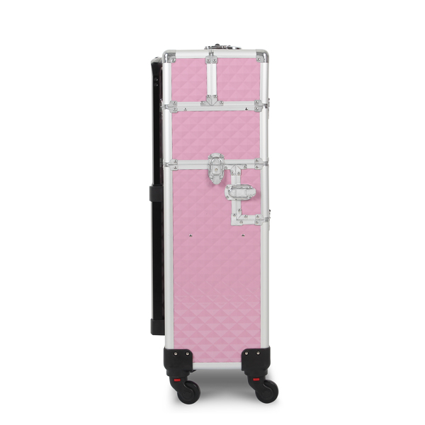 3 in 1 Aluminum Makeup Cosmetic Train Case Professional Makeup Case Rolling Train Case on Wheels Diamond Surface Pink