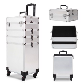 4 in 1 Rolling Makeup Case Makeup Trolley Case With Wheels Makeup Travel Case Organizer (SILVER)