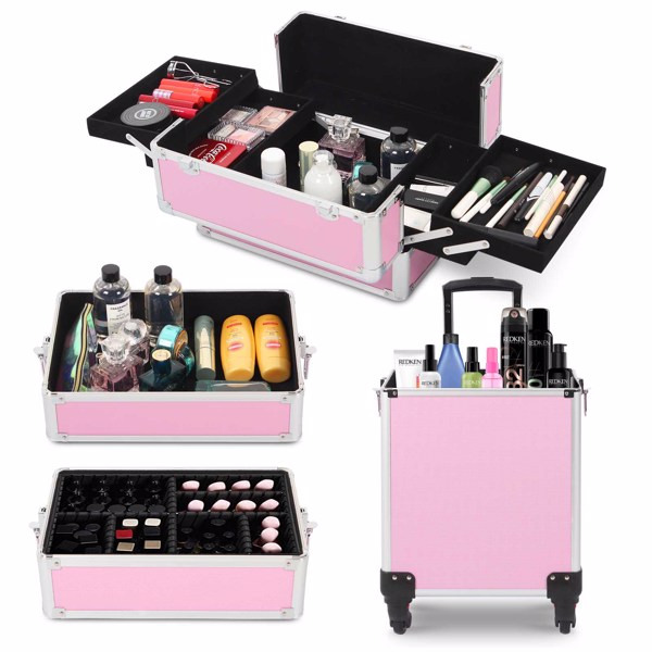 4 in 1 Rolling Makeup Case Makeup Trolley Case With Wheels Makeup Travel Case Organizer (PINK)