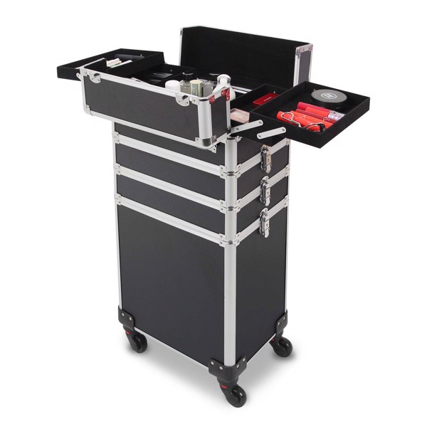 4 in 1 Rolling Makeup Case Makeup Trolley Case With Wheels Makeup Travel Case Organizer (BLACK)