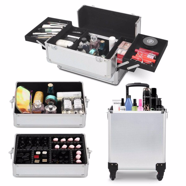 4 in 1 Rolling Makeup Case Makeup Trolley Case With Wheels Makeup Travel Case Organizer (SILVER)