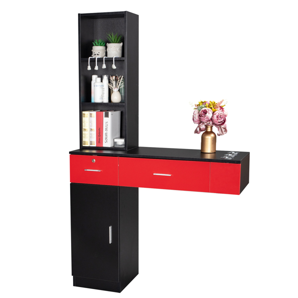 Wall Mount Beauty Salon Spa Mirrors Station Hair Styling Station Desk Black & Red 