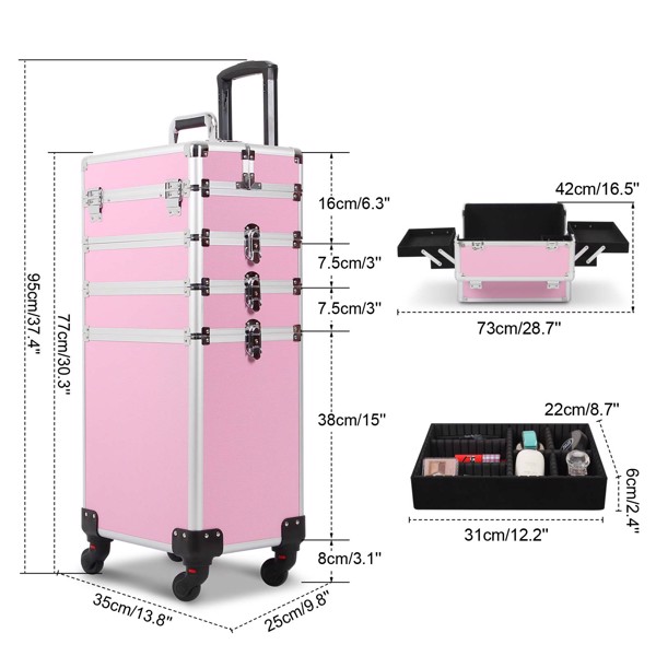 4 in 1 Rolling Makeup Case Makeup Trolley Case With Wheels Makeup Travel Case Organizer (PINK)