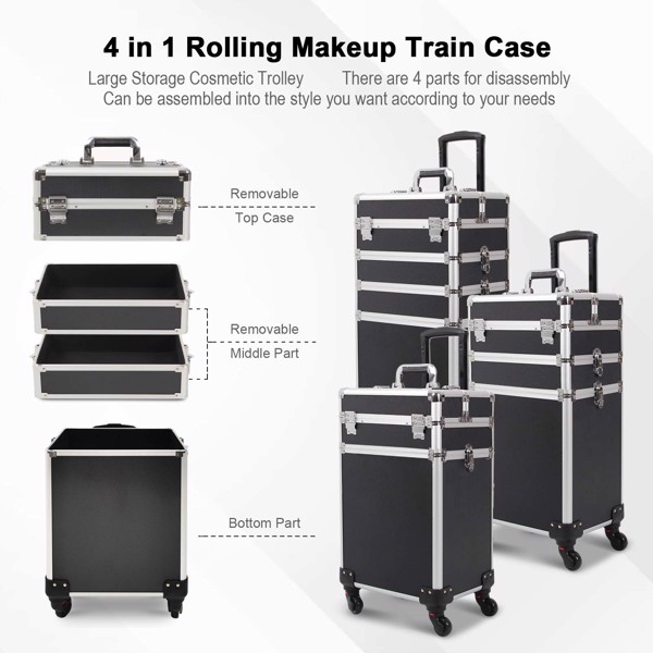 4 in 1 Rolling Makeup Case Makeup Trolley Case With Wheels Makeup Travel Case Organizer (BLACK)