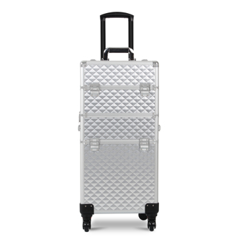 3 in 1 Aluminum Makeup Cosmetic Train Case Professional Makeup Case Rolling Train Case on Wheels Diamond Surface Silver