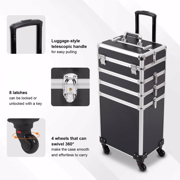 4 in 1 Rolling Makeup Case Makeup Trolley Case With Wheels Makeup Travel Case Organizer (BLACK)