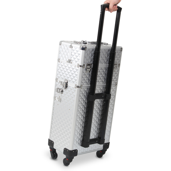 3 in 1 Aluminum Makeup Cosmetic Train Case Professional Makeup Case Rolling Train Case on Wheels Diamond Surface Silver