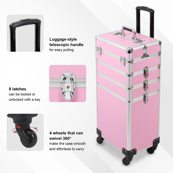 4 in 1 Rolling Makeup Case Makeup Trolley Case With Wheels Makeup Travel Case Organizer (PINK)