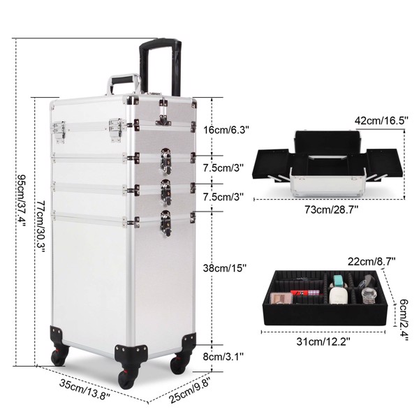 4 in 1 Rolling Makeup Case Makeup Trolley Case With Wheels Makeup Travel Case Organizer (SILVER)