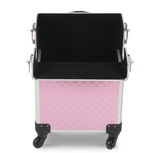 3 in 1 Aluminum Makeup Cosmetic Train Case Professional Makeup Case Rolling Train Case on Wheels Diamond Surface Pink