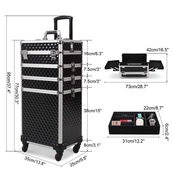 4 in 1 Makeup Cosmetic Train Case Professional Makeup Case Rolling Train Case on Wheels Diamond Surface (BLACK)