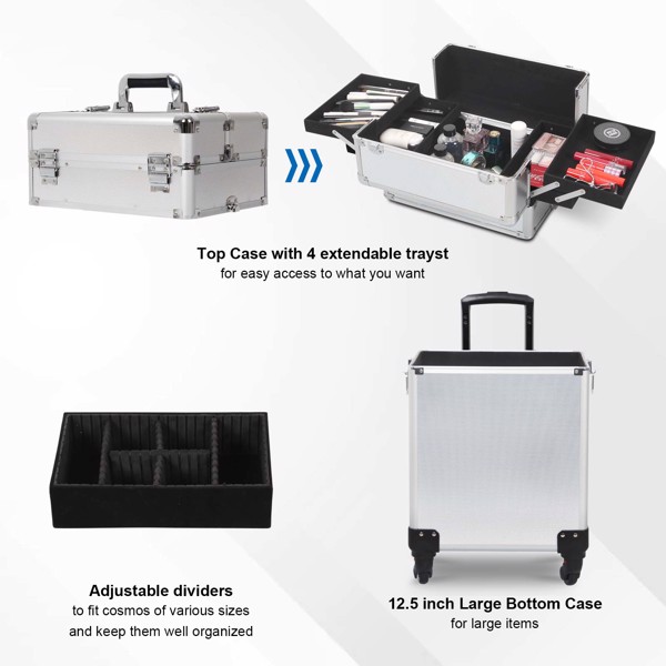 4 in 1 Rolling Makeup Case Makeup Trolley Case With Wheels Makeup Travel Case Organizer (SILVER)